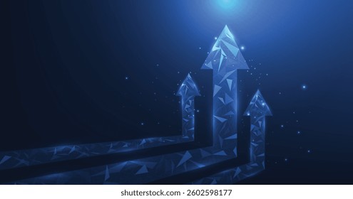 Growth business on successful with arrow up digital on dark blue background. growing graph arrow icon from triangle line particle design low poly.Concept of goals to be successful.