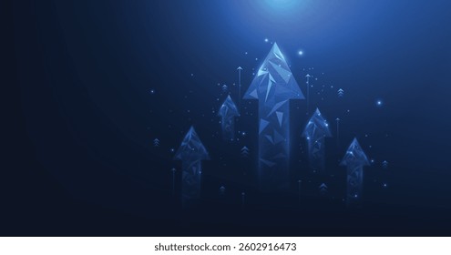 Growth business on successful with arrow up on a dark blue background. growing graph arrow icon from triangle line particle design low poly.Concept of goals to be successful.	