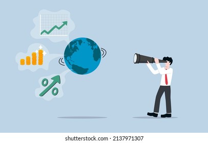 Wachstumsmöglichkeiten für Unternehmen, internationale Expansion oder Suche nach Möglichkeiten für Investitionen im Ausland. Visionärer Geschäftsmann, der durch Teleskop in die Welt sucht.