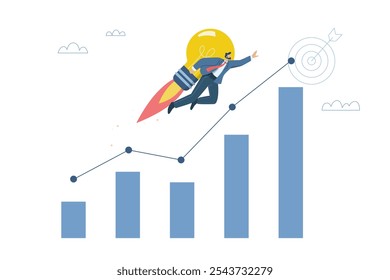 El crecimiento o el progreso empresarial logra objetivos más allá de las expectativas, Ideas de negocios exitosas, Inversiones que superan las expectativas, Hombre de negocios que vuela con bombilla y gráfico de barras de alto crecimiento.
