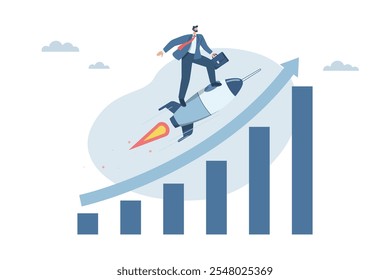 Growth or business progress achieves goals beyond expectations, Successful business ideas, Investments that exceed expectations, Businessman riding a rocket up with a high growing bar graph.
