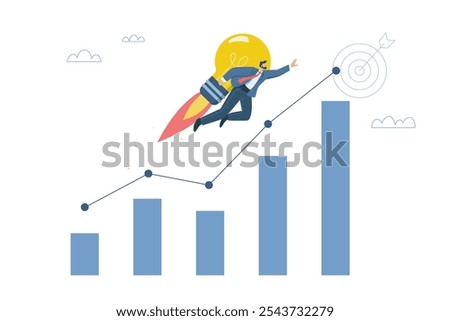 Growth or business progress achieves goals beyond expectations, Successful business ideas, Investments that exceed expectations, Businessman flying with light bulb and high growth bar graph.
