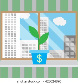 Growth of business start-up in good conditions. Growth concept business and growing business. Window frame and looking out window. Vector illustration