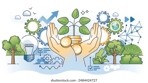 Estrategia de negocio de crecimiento para el desarrollo financiero delinear el concepto de manos. Las ganancias de la inversión verde aumentan la Ilustración vectorial. Mejora exitosa y efectiva con la tendencia de ganancias de dinero para el futuro.