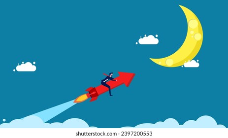Growth, business success. Businessman controls growth graph to the moon 