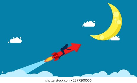 Growth, business success. woman controls growth graph to the moon 