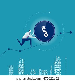 Growth. Businessman rolls currency symbol upward along the rising curve. Business vector illustration