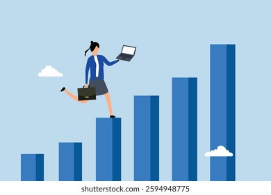 Growth, businesswoman using laptop approaches ascending graph and chart 