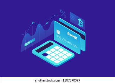 Growth and calculation of income. Payment by crypto currency. An isometric image of calculator, bank card and sign bitcoin on blue background. Vector illustration for web page, banner, presentation.