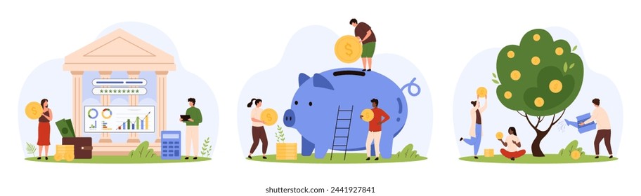 Growth of cash savings and wealth, bank account analytics set. Tiny people save gold dollar coin in piggy bank and calculate financial profit, investors growing money tree cartoon vector illustration