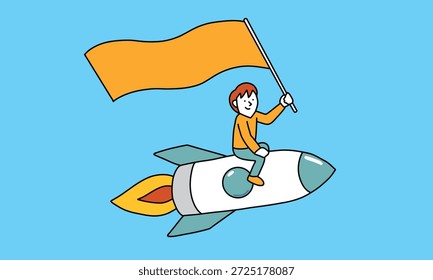 Concepto de crecimiento y desafío de lanzar un cohete con una bandera