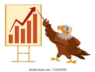 Growth chart. American eagle making a presentation. Cartoon styled vector illustration. Elements is grouped.  No transparent objects. Isolated on white.