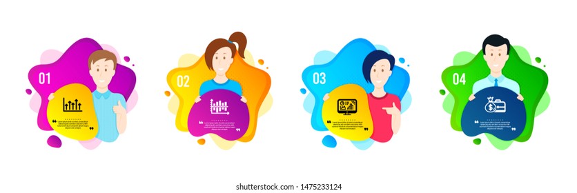 Growth chart, Analytics graph and Diagram chart icons simple set. People shapes timeline. Salary sign. Upper arrows, Growth report, Presentation graph. Diplomat with money bag. Education set. Vector