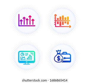 Gráfico de crecimiento, gráfico de análisis e iconos de diagrama de diagrama simple conjunto. Botón con puntos de tono medio. Signo de salario. Flechas superiores, Informe de crecimiento, Gráfico de presentación. Diplomático con bolsa de dinero. Vector