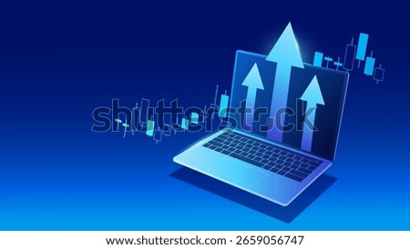 Growth Chart or Up Arrow Graph Breakout from Laptop representing Success of Stock Market or Investment Trading such as Stock Exchange, Crypto, Digital Financial Banking. Neon Glow Technology Vector.