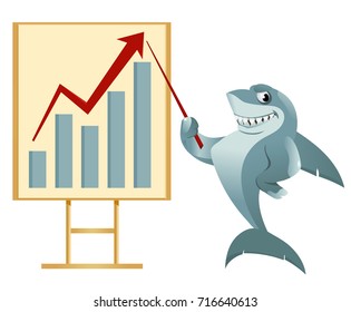 Growth chart. Cartoon shark making a presentation. Vector illustration. Elements is grouped.  No transparent objects. Isolated on white.