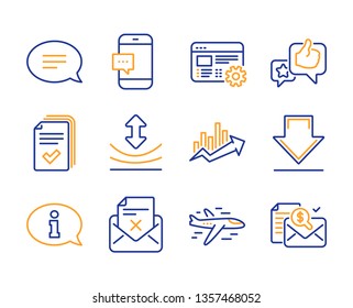 Growth chart, Chat and Like icons simple set. Information, Airplane and Reject letter signs. Web settings, Resilience and Downloading symbols. Line growth chart icon. Colorful set. Editable stroke