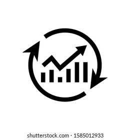 a growth chart with circular arrows in black flat design on white background, continuous improvement concept