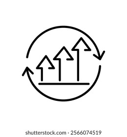 A growth chart with circular arrows in line design icon, continuous improvement concept