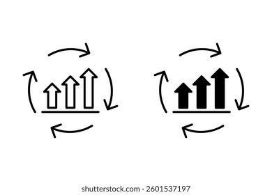 A growth chart with circular arrows in line design icon, continuous improvement concept on white background