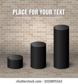 The growth chart. Concept of a growth graph of cylinders, a background of a brick wall. Vector illustration.