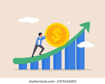 Growth chart or the concept. Increasing income, profits or investments, growing income or wealth, savings and return on investment, the businessman pushes the coin to go up the growth chart.