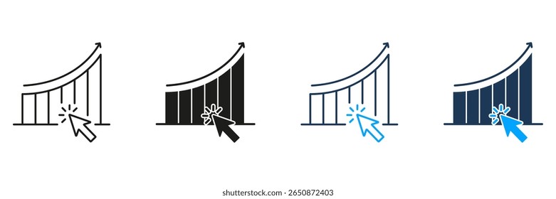 Growth Chart With Cursor Click Line And Solid Icon Set. Digital Marketing, Data Analysis, And Business Growth Tracking Symbol Collection. Analytics Representation. Isolated Vector Illustration.