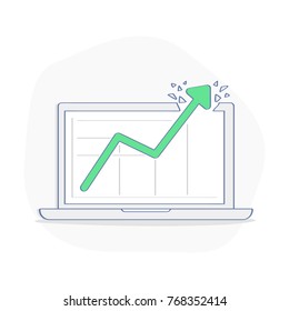 Gráfico de crecimiento, diagrama, gráfico de misión exitosa, increíble crecimiento financiero. El gráfico de flecha perfora la pantalla del portátil. Plantilla de icono de éxito comercial. Ilustración vectorial aislada de esquema plano.