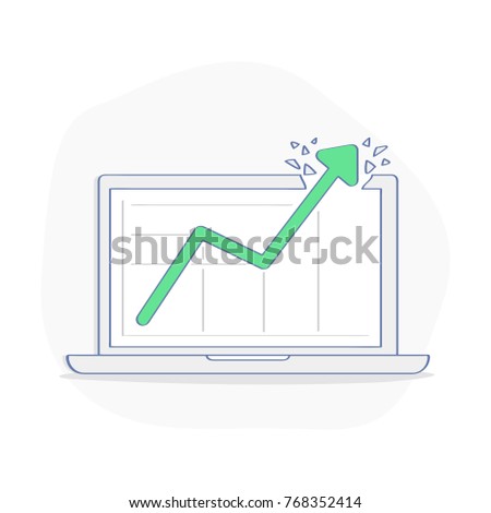 Growth chart, diagram, graph for successful mission, incredible financial growth. Arrow chart pierces the laptop screen. Business success icon template. Flat outline isolated vector illustration.