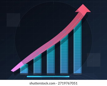 Um gráfico de crescimento exibe tendências de dados com várias barras que aumentam de altura. Uma linha ascendente mostra um aumento constante ao longo do tempo. O fundo tem padrões geométricos e cores escuras.
