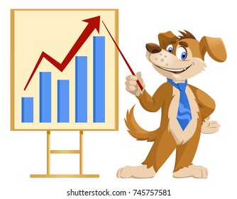 Growth chart. Funny cartoon dog in a tie making a presentation. Elements is grouped. No transparent objects. Isolated on white.