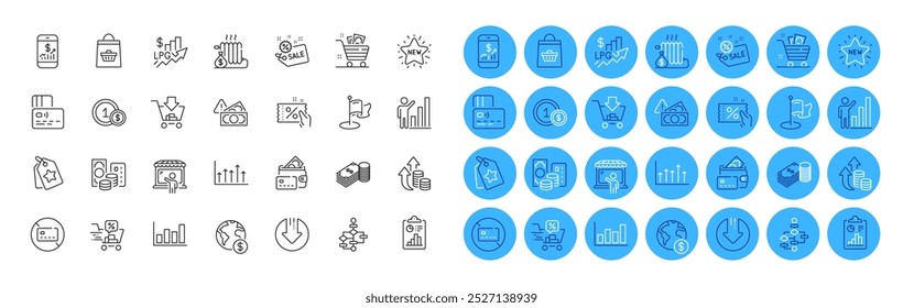 Gráfico de crecimiento, gráfico y paquete de iconos de línea de cesta de comestibles. Tarjeta, compras, icono de Web de diagrama de bloque. Finanzas móviles, informe, pictograma de fraude. Compras en línea, Radiador, Venta. Sin tarjeta. Vector