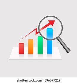 Growth chart graph icon for business concept and zoom or focus on top of chart by magnifying glass, Vector illustration