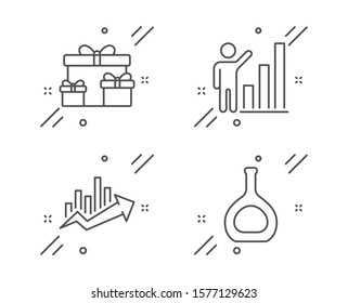 Conjunto de iconos de línea de gráficos de crecimiento, gráfico de gráficos y cuadros de sorpresa. Signo del frasco de coñac. Diagrama de ventas, Informe de crecimiento, Regalos de vacaciones. Alcohol de marca. Conjunto de negocios. Icono de esquema del gráfico de crecimiento de línea. Vector