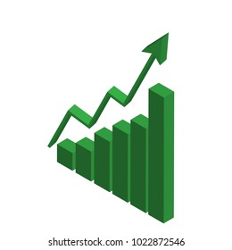 Growth chart and green bars with arrow pointing upwards on isolated white background design with illustration