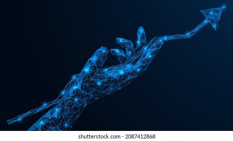 Growth chart in hand. Demonstration of an increase in income. A low-poly construction of interconnected lines and dots. Blue background.