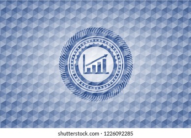growth chart icon inside blue emblem or badge with abstract geometric polygonal pattern background.