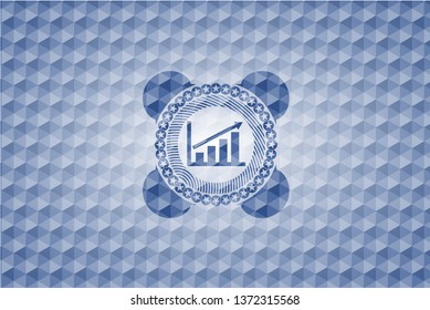 growth chart icon inside blue emblem or badge with abstract geometric polygonal pattern background.
