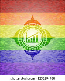 growth chart icon inside emblem on mosaic background with the colors of the LGBT flag
