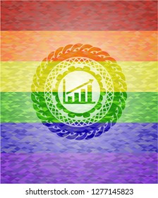 growth chart icon inside emblem on mosaic background with the colors of the LGBT flag