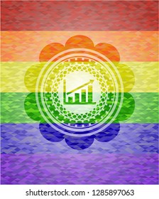 growth chart icon inside emblem on mosaic background with the colors of the LGBT flag