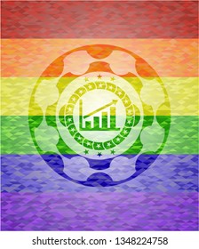 growth chart icon inside emblem on mosaic background with the colors of the LGBT flag