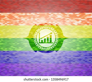 growth chart icon inside emblem on mosaic background with the colors of the LGBT flag