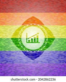 growth chart icon inside emblem on mosaic background with the colors of the LGBT flag. 