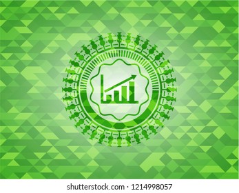 growth chart icon inside green emblem. Mosaic background