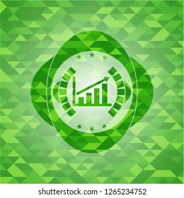 growth chart icon inside green emblem. Mosaic background