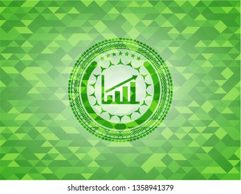 growth chart icon inside green emblem with triangle mosaic background