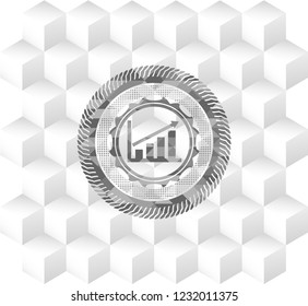 growth chart icon inside grey badge with geometric cube white background