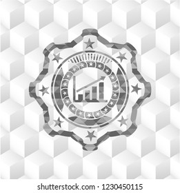 growth chart icon inside realistic grey emblem with geometric cube white background
