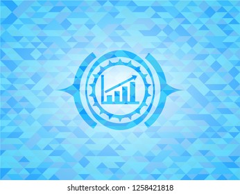 growth chart icon inside realistic light blue emblem. Mosaic background